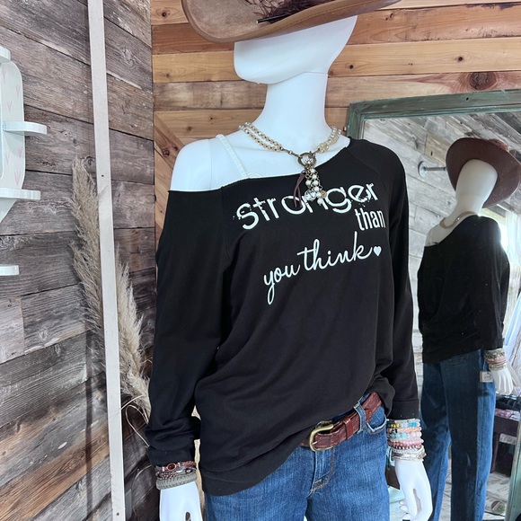 Next Level Apparel Tops - “Stronger Than You Think” Graphic Light Weight 3/4 Sleeve Sweatshirt in Black!